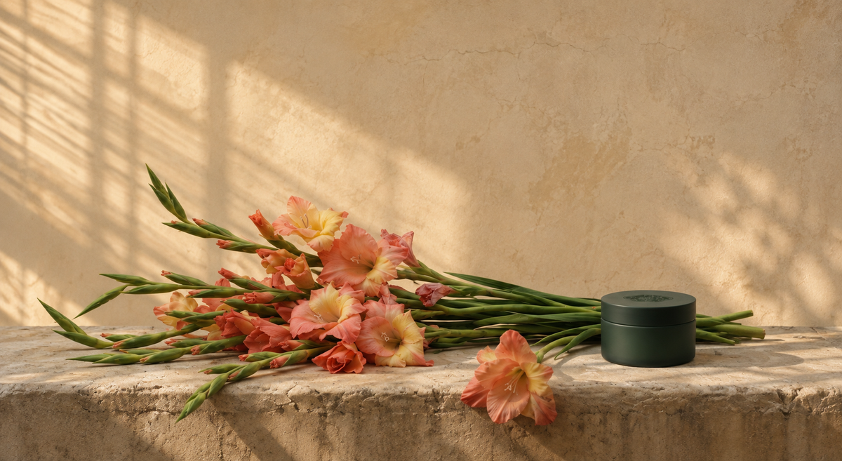 Gladiolus stems and a dark green jar of Mocenne body cream on a sunlit stone ledge
