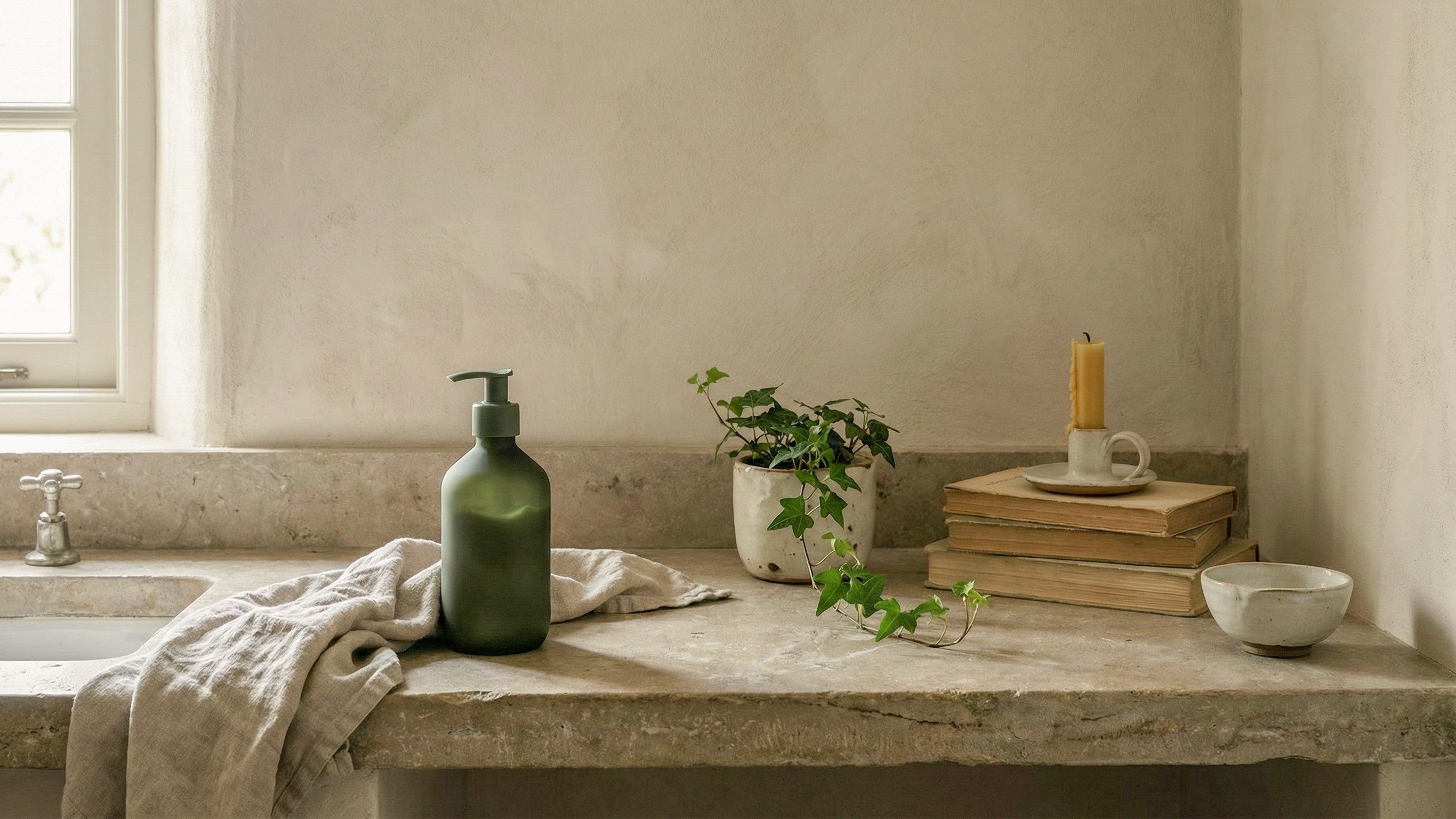 Bathroom counter with a green bottle, towel, plant, and books against a neutral wall.